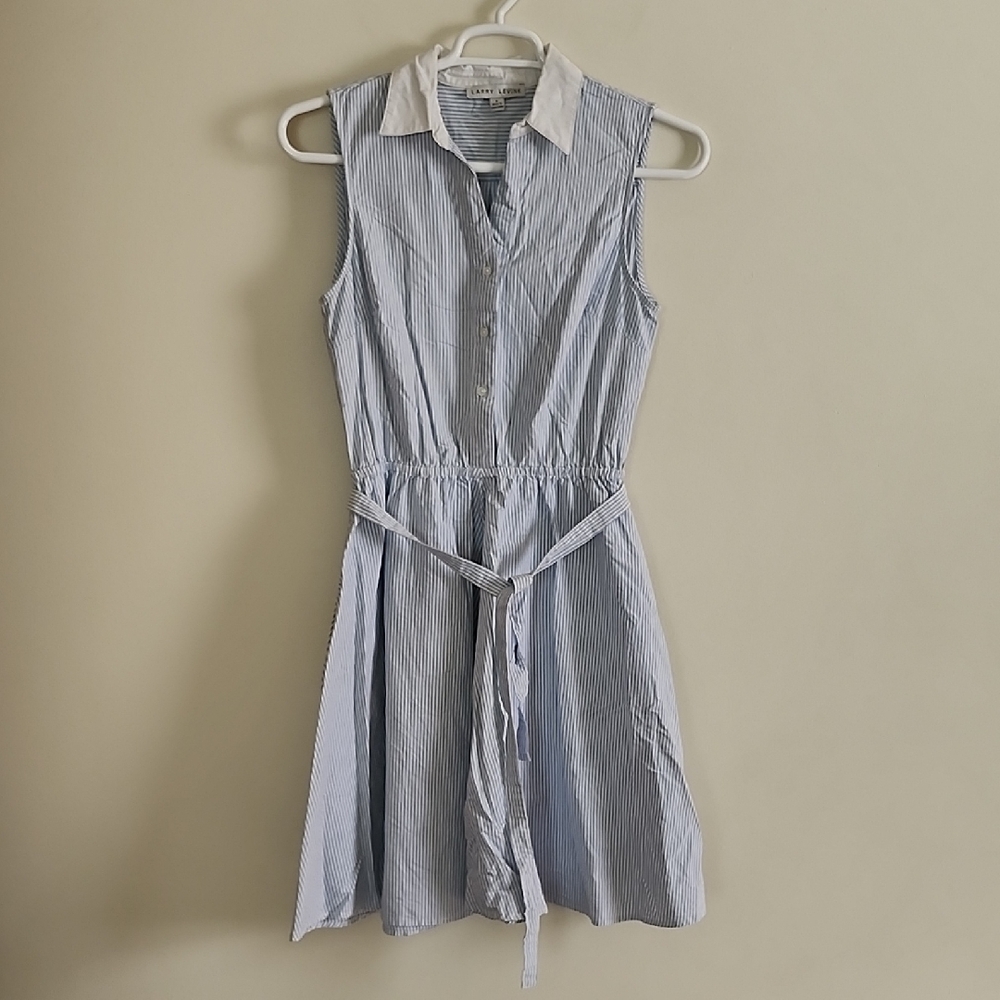 Larry Levine Vintage Vertical Conductor Stripe Blue White Dress Waist Tie Collar